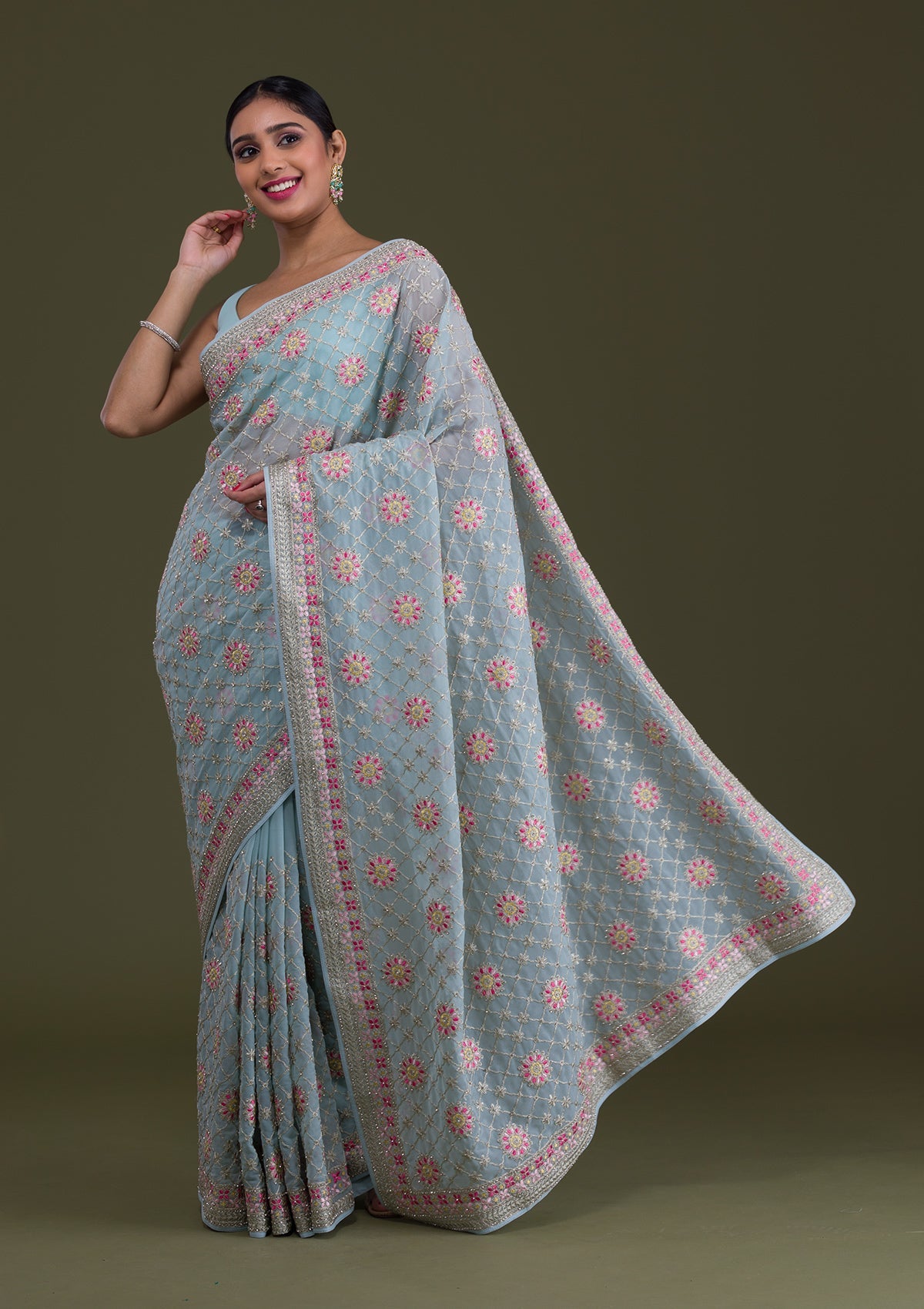 Sea Green Threadwork Georgette Saree-Koskii