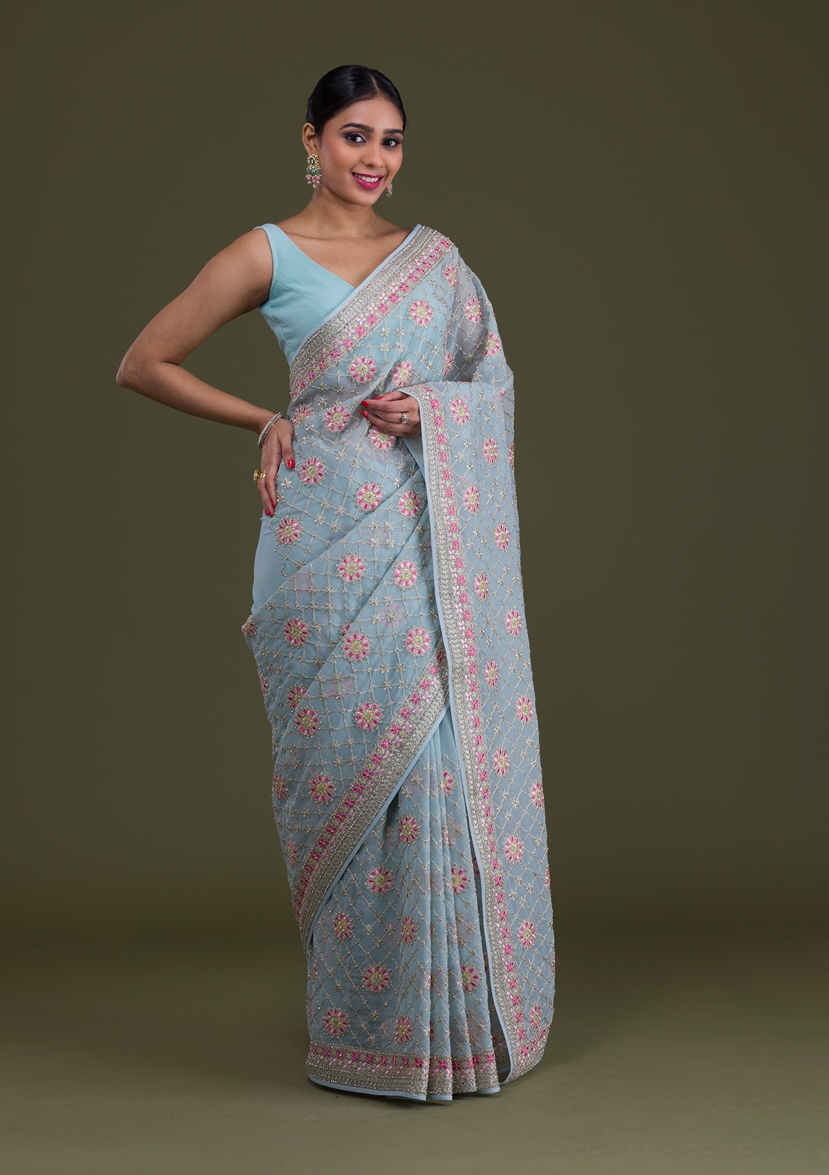 Sea Green Threadwork Georgette Saree-Koskii