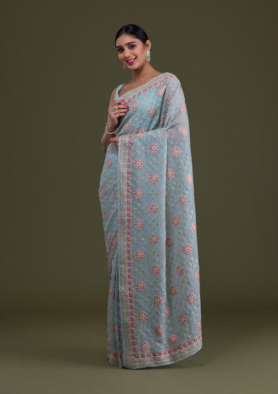 Sea Green Threadwork Georgette Saree-Koskii