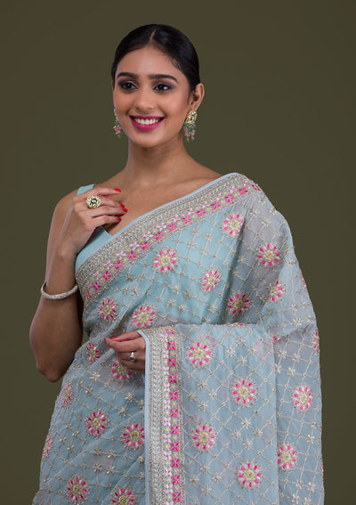 Sea Green Threadwork Georgette Saree-Koskii