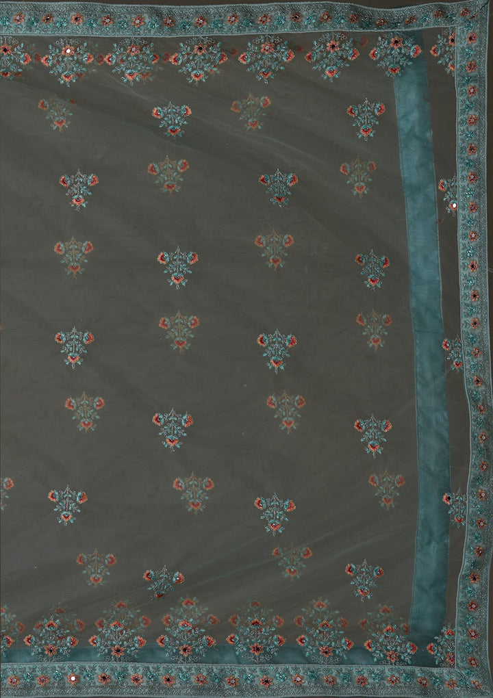 Sea Green Threadwork Net Designer Semi-Stitched Lehenga - Koskii