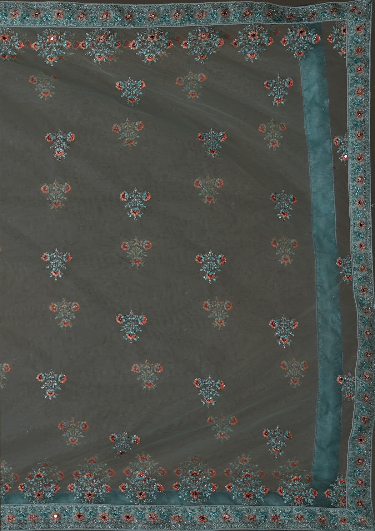 Sea Green Threadwork Net Designer Semi-Stitched Lehenga - Koskii