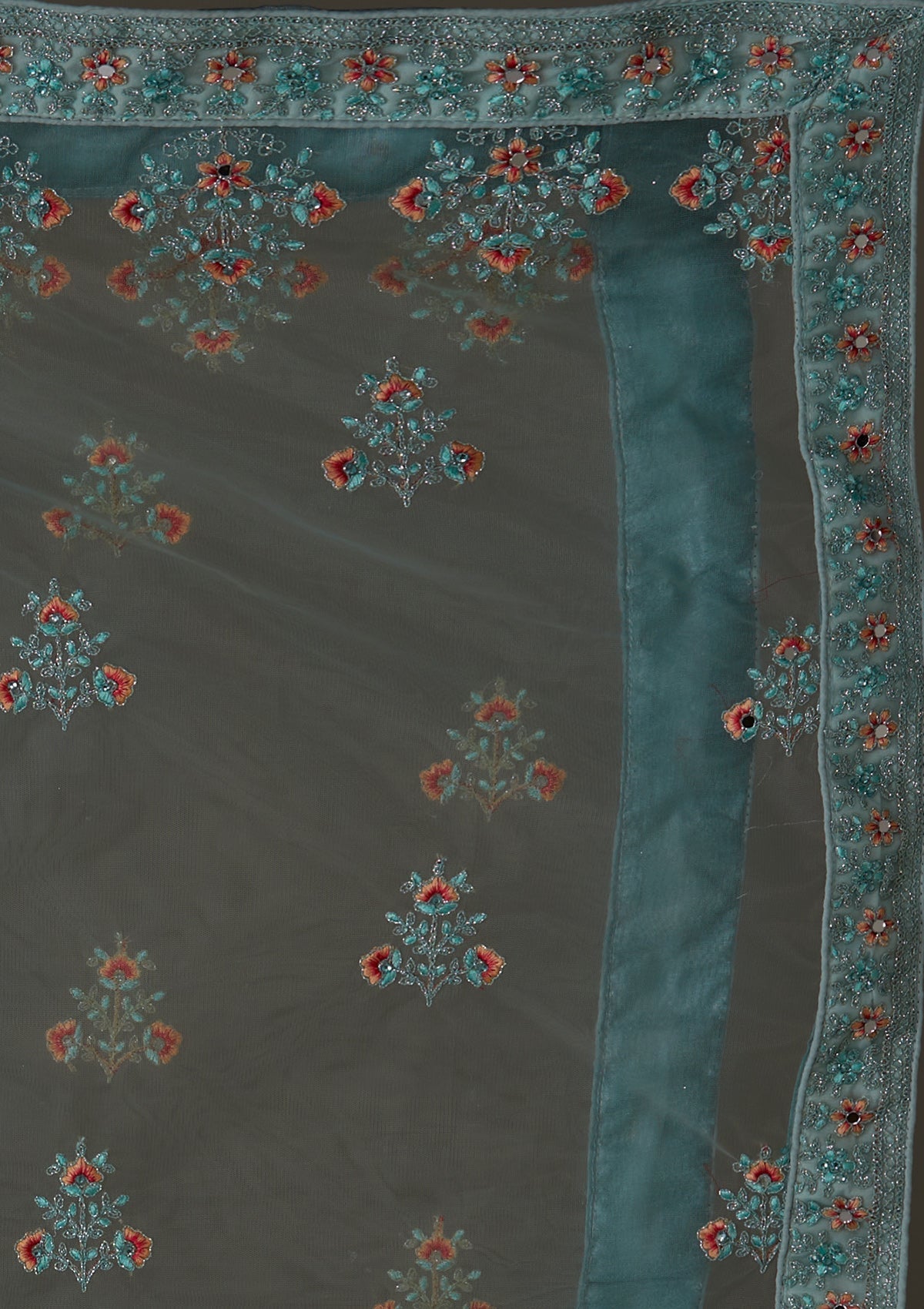 Sea Green Threadwork Net Designer Semi-Stitched Lehenga - Koskii