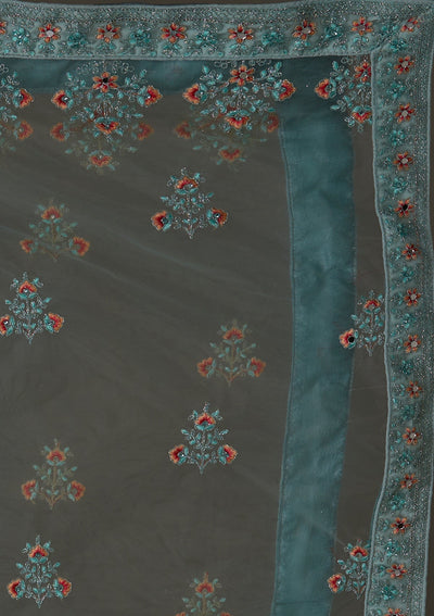 Sea Green Threadwork Net Designer Semi-Stitched Lehenga - Koskii