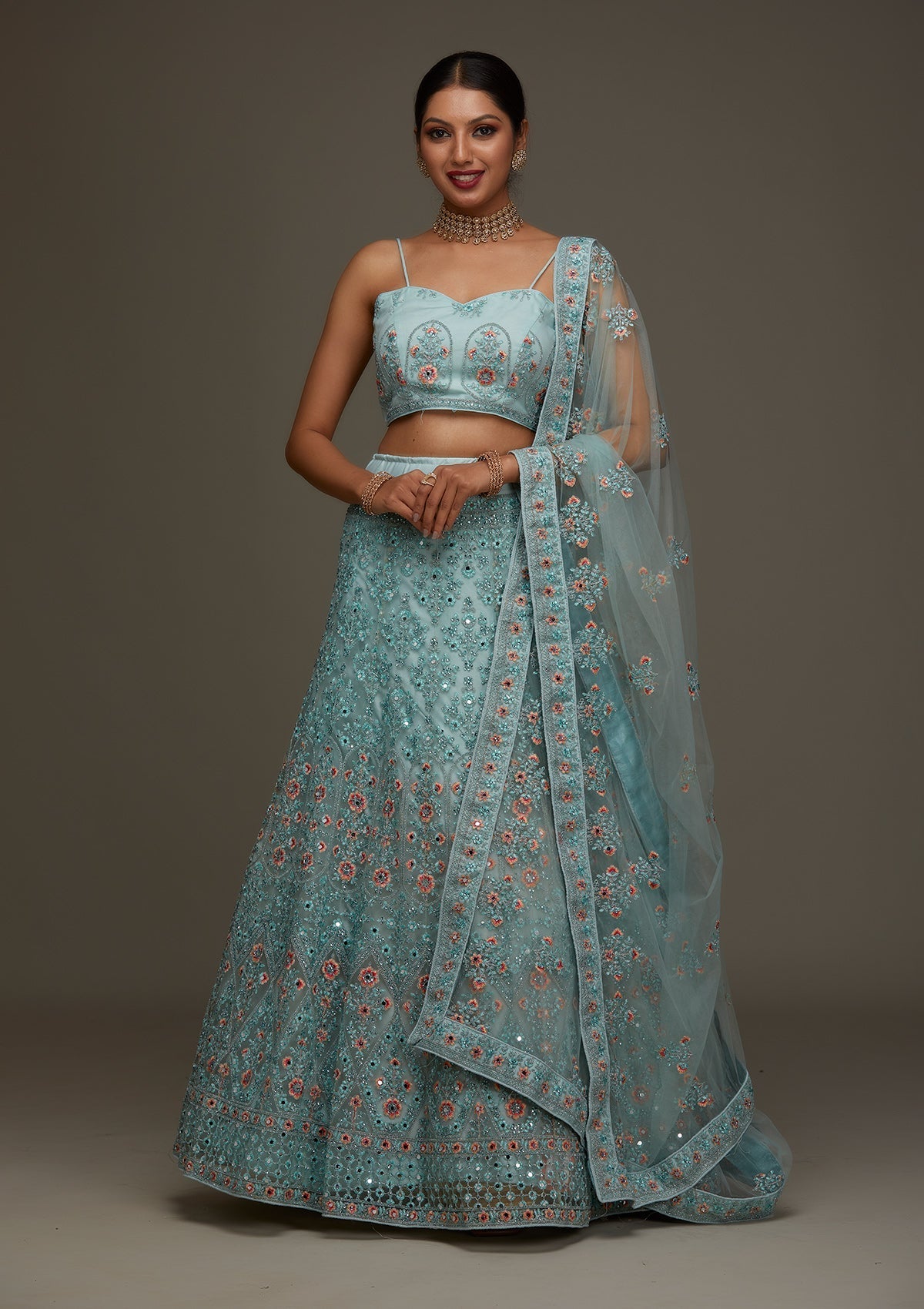 Sea Green Threadwork Net Designer Semi-Stitched Lehenga- Koskii