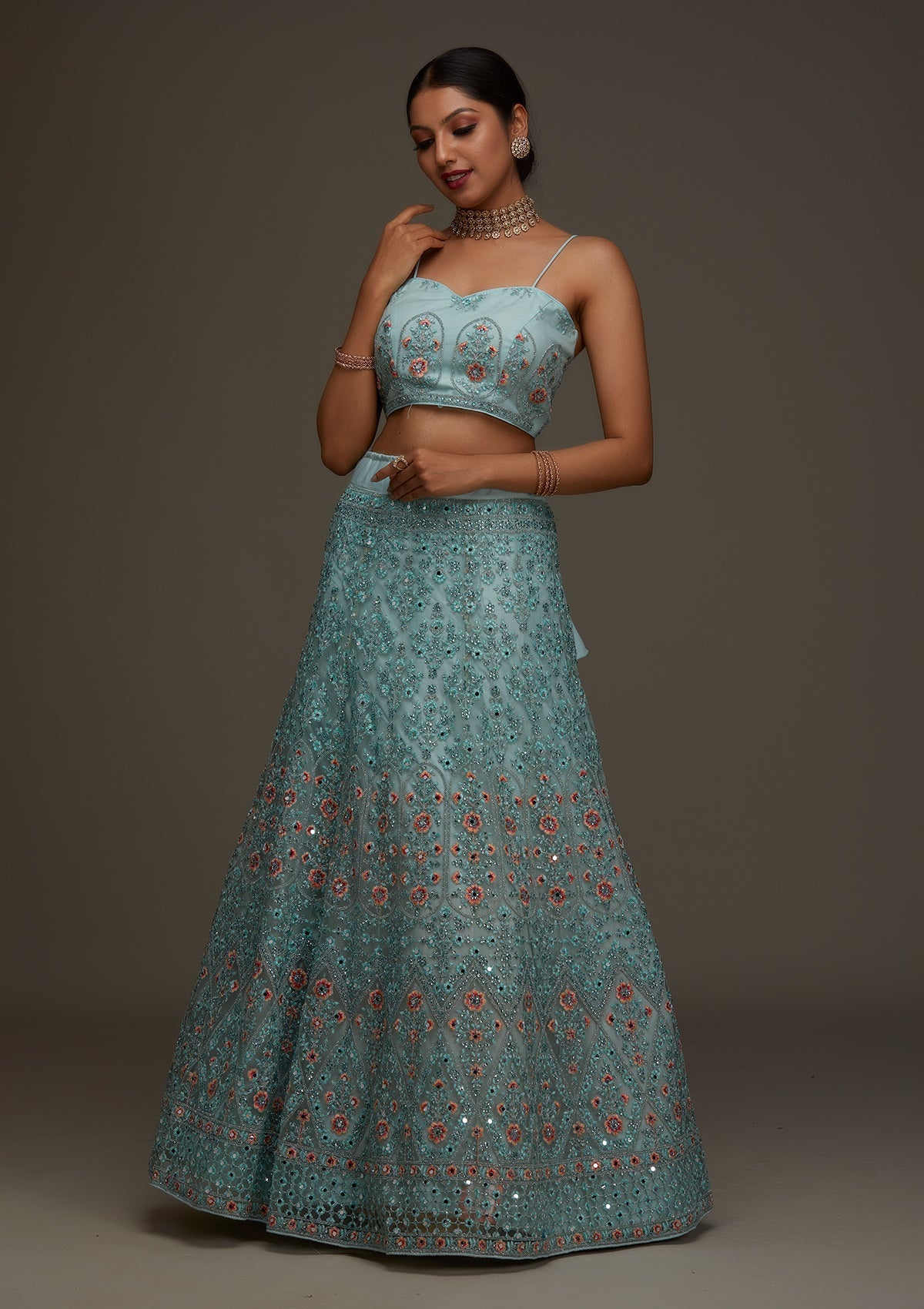 Sea Green Threadwork Net Designer Semi-Stitched Lehenga - Koskii