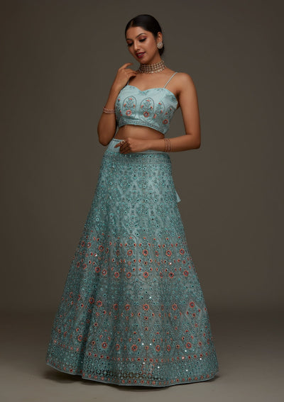 Sea Green Threadwork Net Designer Semi-Stitched Lehenga - Koskii
