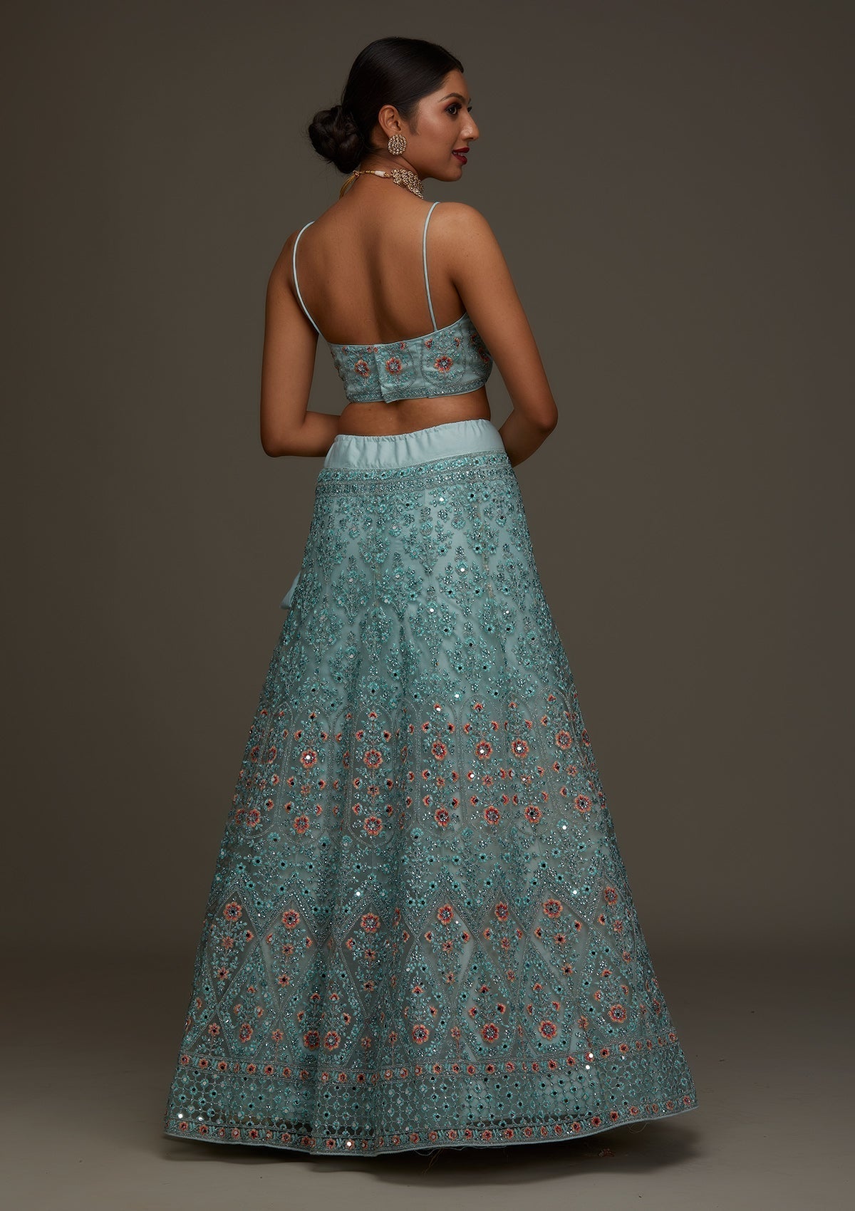 Sea Green Threadwork Net Designer Semi-Stitched Lehenga - Koskii