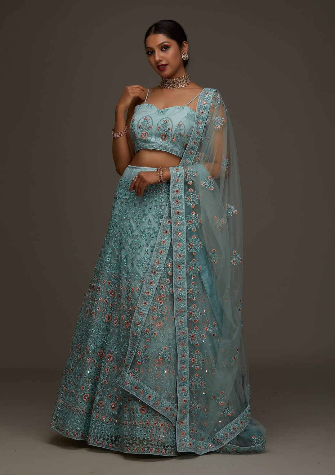 Sea Green Threadwork Net Designer Semi-Stitched Lehenga - Koskii