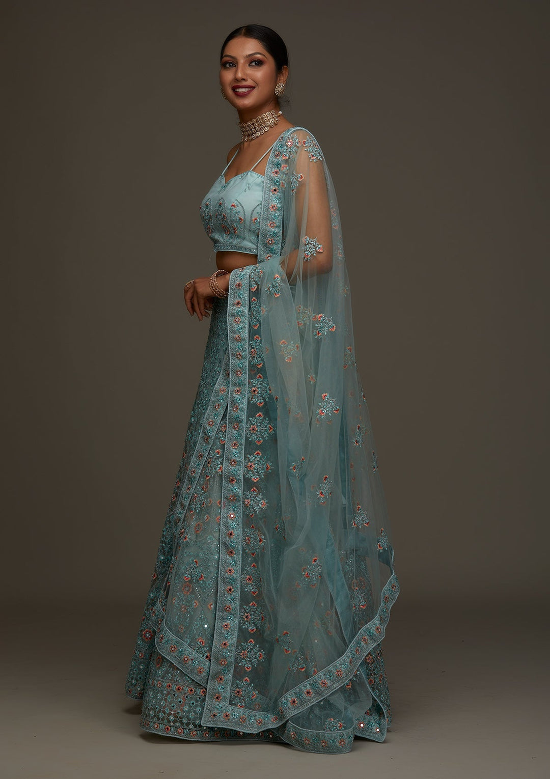 Sea Green Threadwork Net Designer Semi-Stitched Lehenga - Koskii