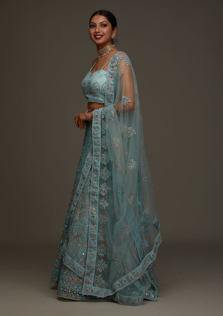 Sea Green Threadwork Net Designer Semi-Stitched Lehenga - Koskii