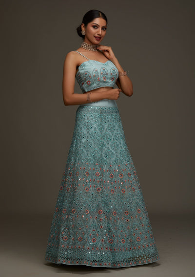Sea Green Threadwork Net Designer Semi-Stitched Lehenga - Koskii