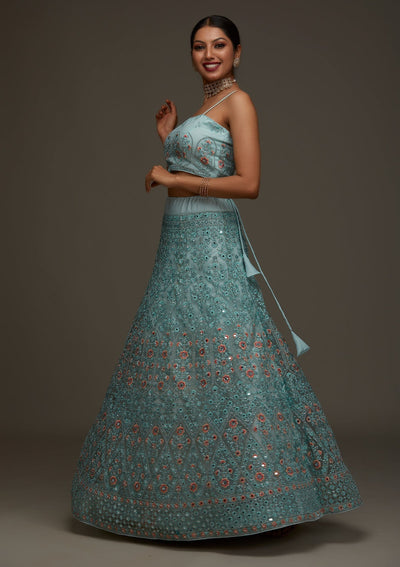 Sea Green Threadwork Net Designer Semi-Stitched Lehenga - Koskii