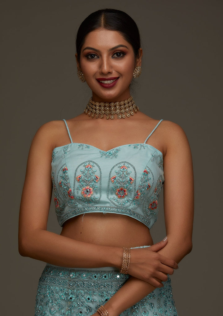 Sea Green Threadwork Net Designer Semi-Stitched Lehenga - Koskii