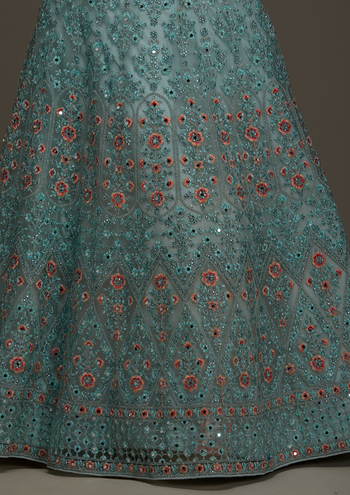 Sea Green Threadwork Net Designer Semi-Stitched Lehenga - Koskii