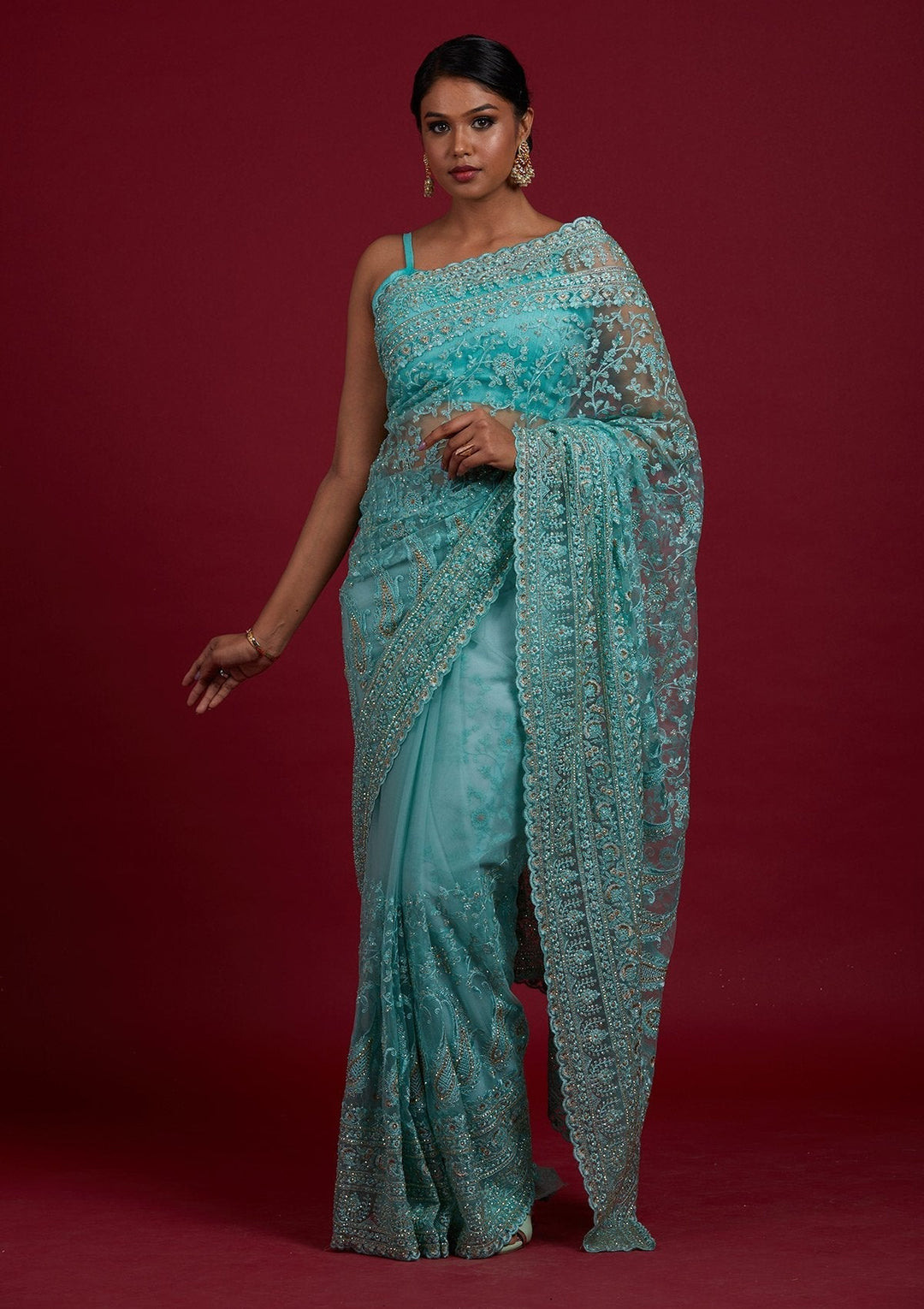 Sea Green Threadwork Net Designer Saree - Koskii
