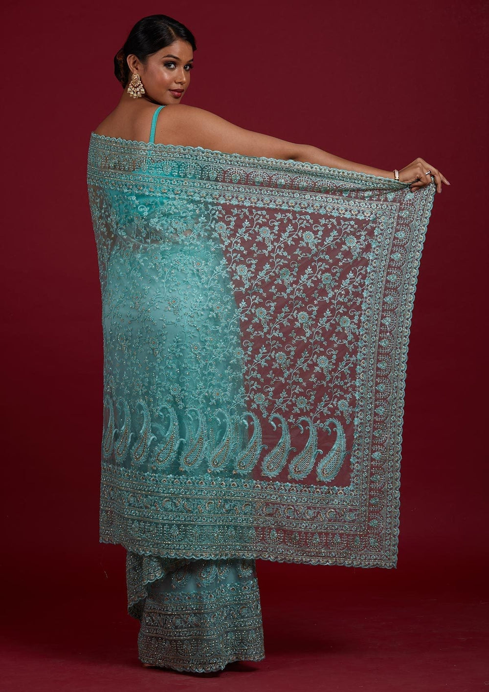 Sea Green Threadwork Net Designer Saree - Koskii