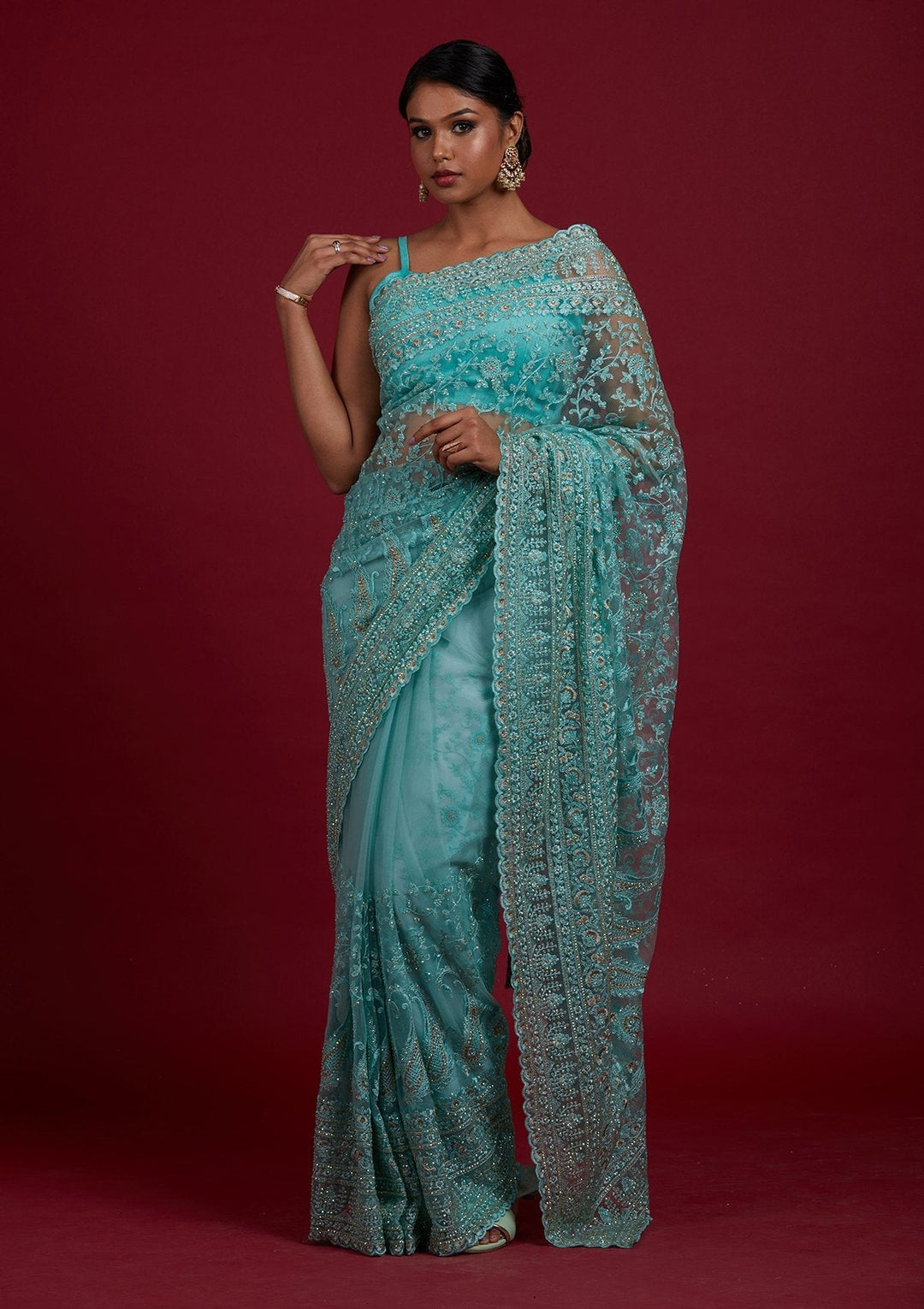 Sea Green Threadwork Net Designer Saree - Koskii