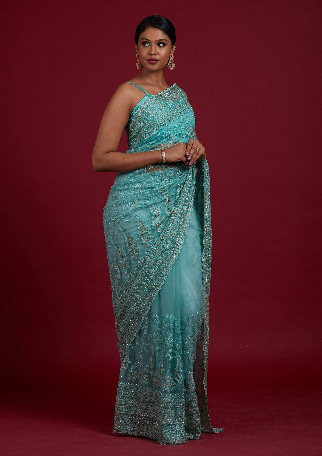 Sea Green Threadwork Net Designer Saree - Koskii