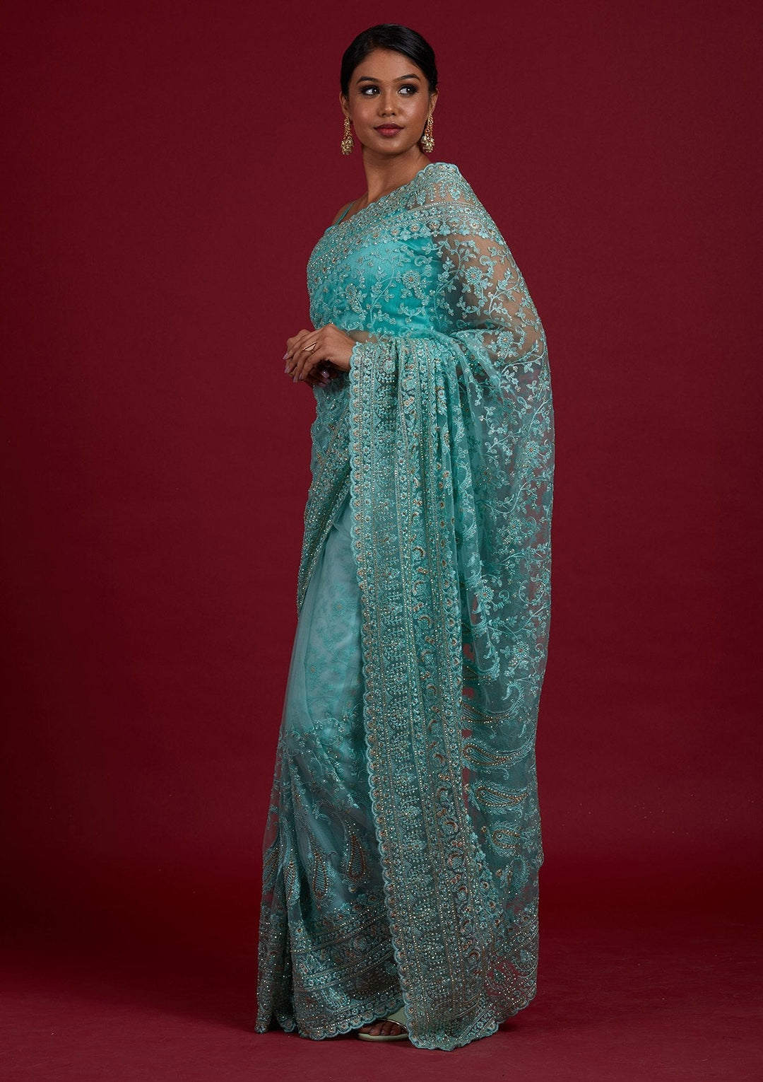 Sea Green Threadwork Net Designer Saree - Koskii