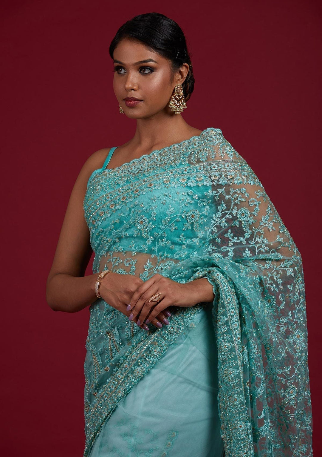 Sea Green Threadwork Net Designer Saree - Koskii