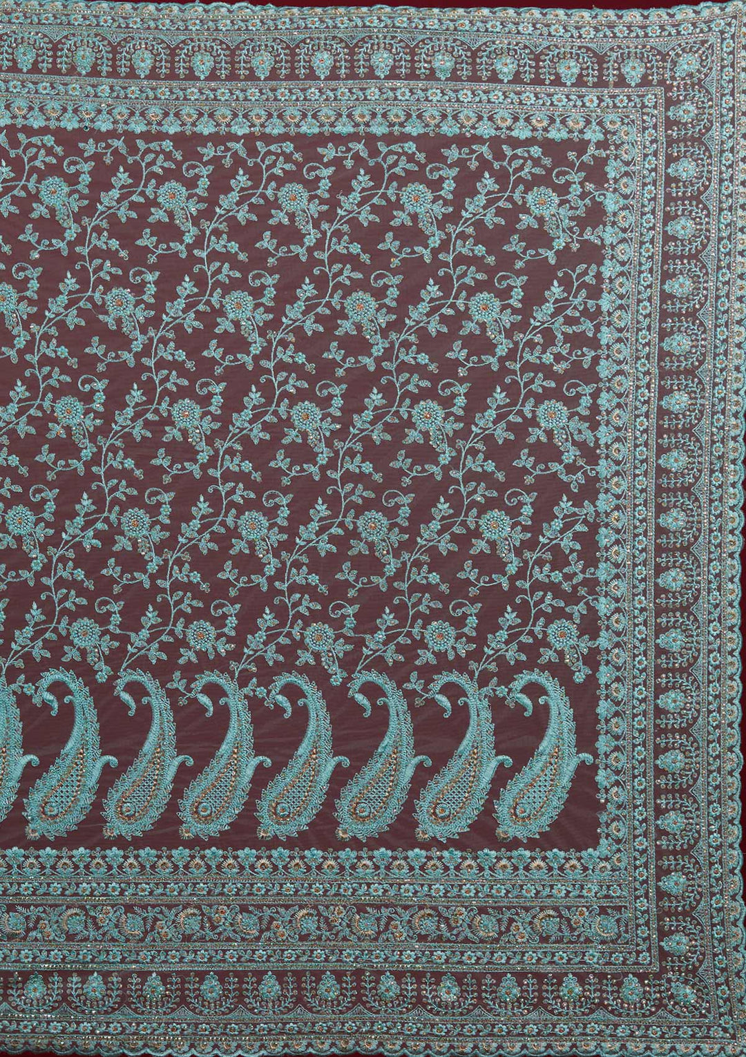 Sea Green Threadwork Net Designer Saree - Koskii