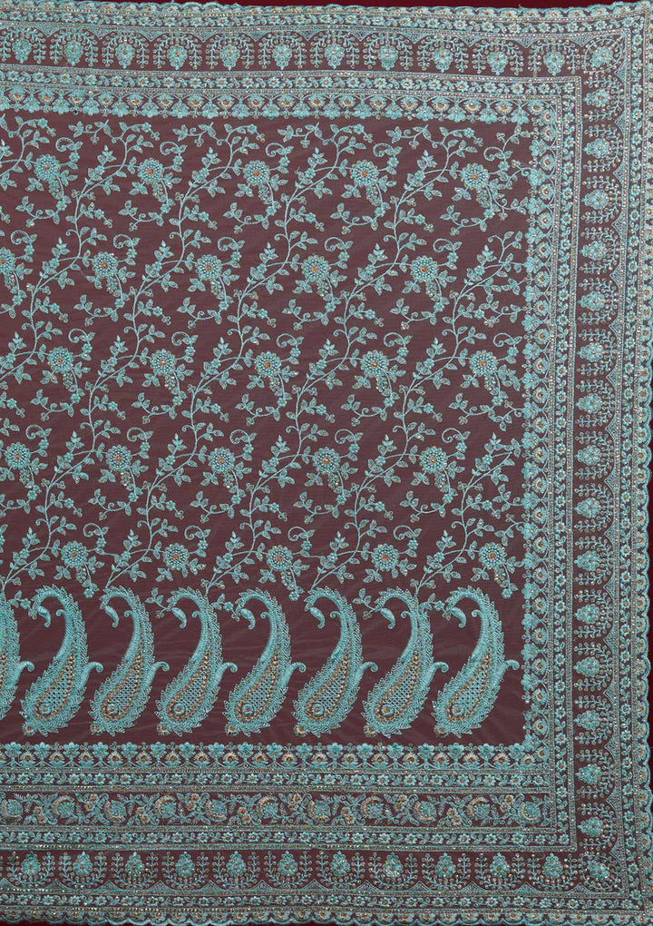 Sea Green Threadwork Net Designer Saree - Koskii