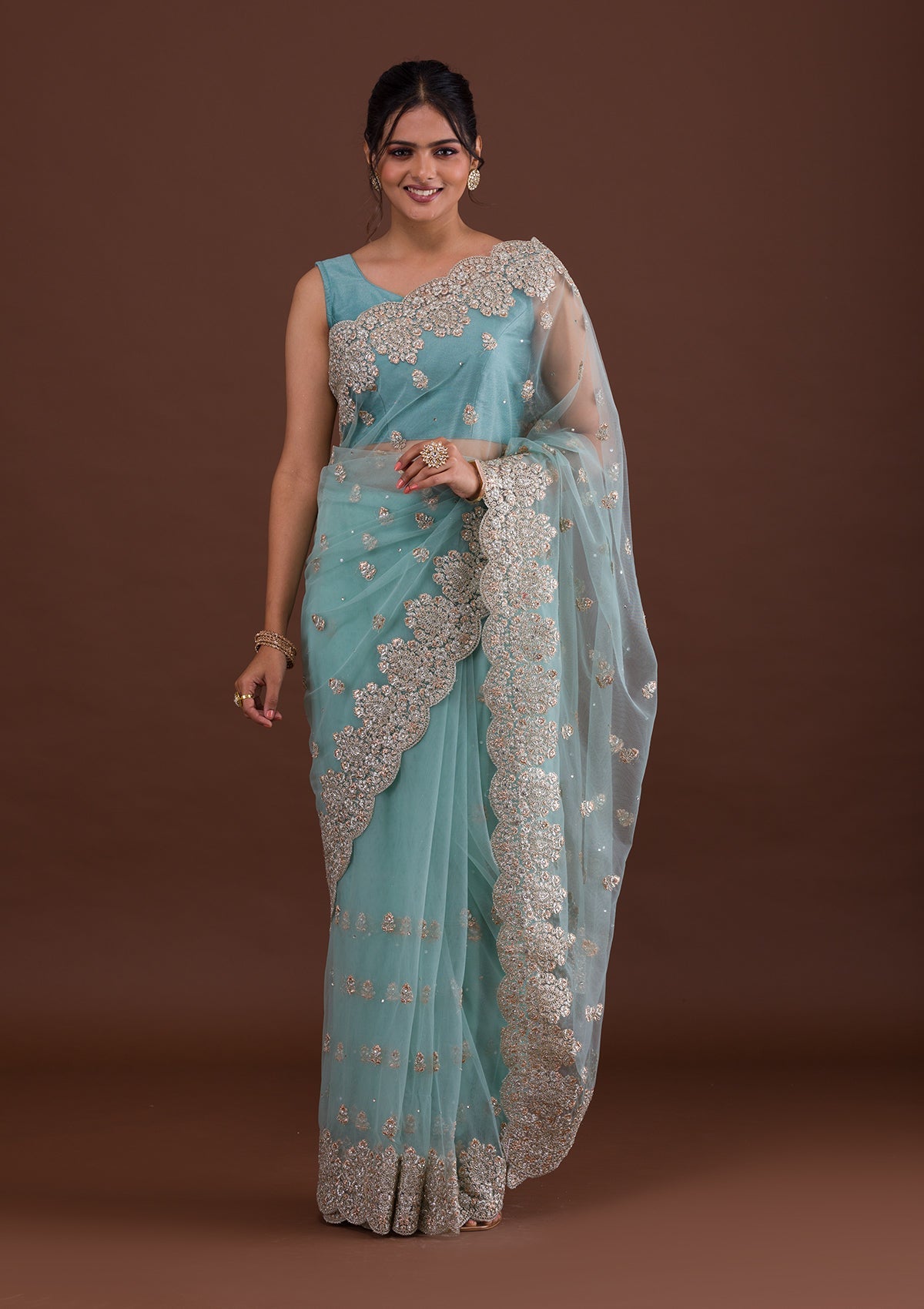 Sea Green Threadwork Net Saree-Koskii