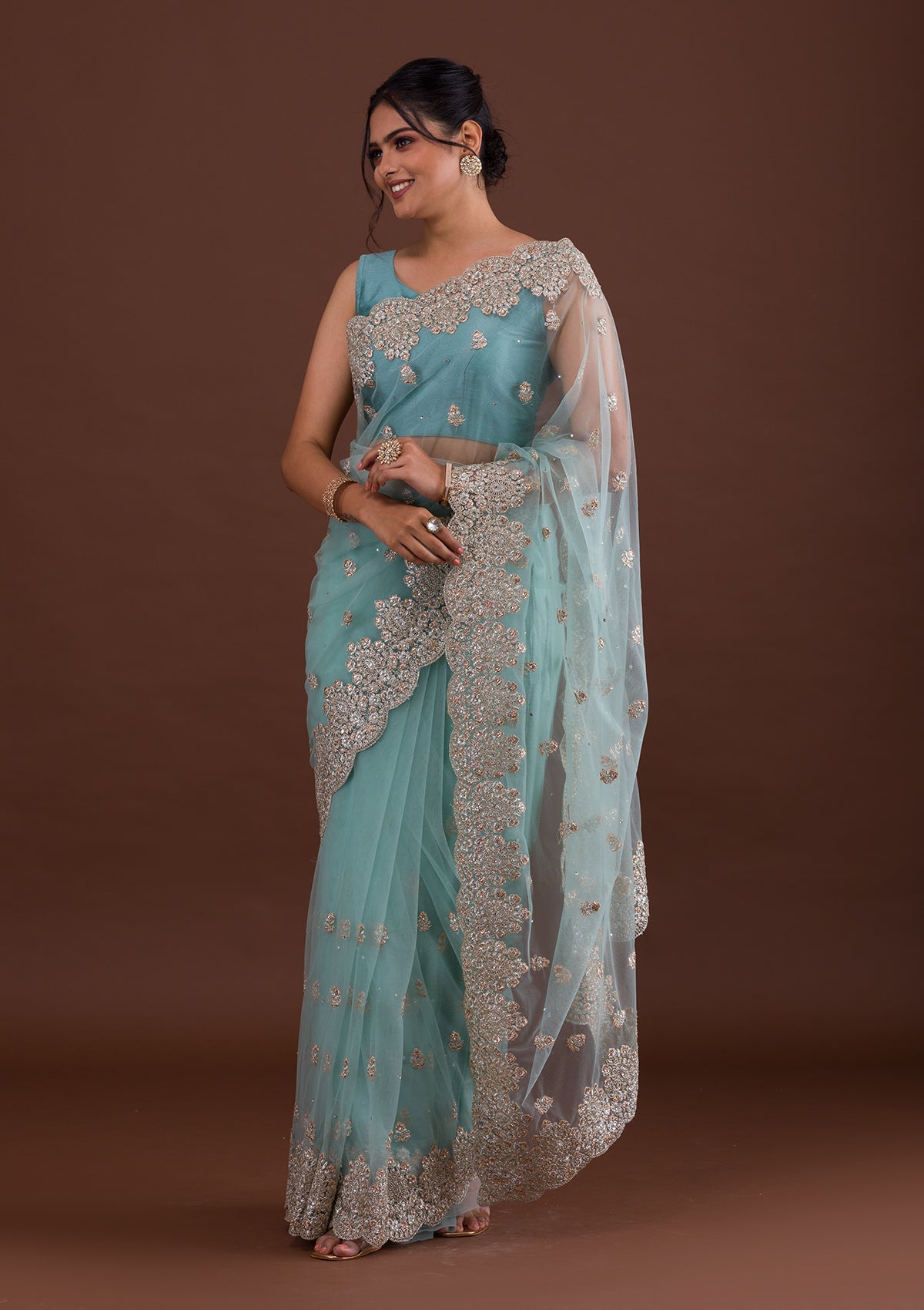 Sea Green Threadwork Net Saree-Koskii