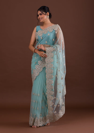 Sea Green Threadwork Net Saree-Koskii