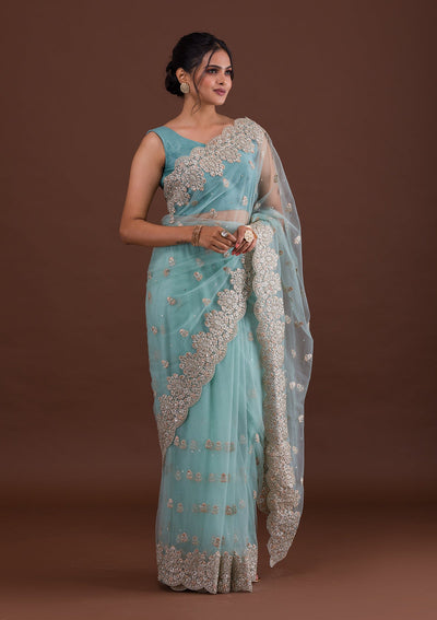 Sea Green Threadwork Net Saree-Koskii