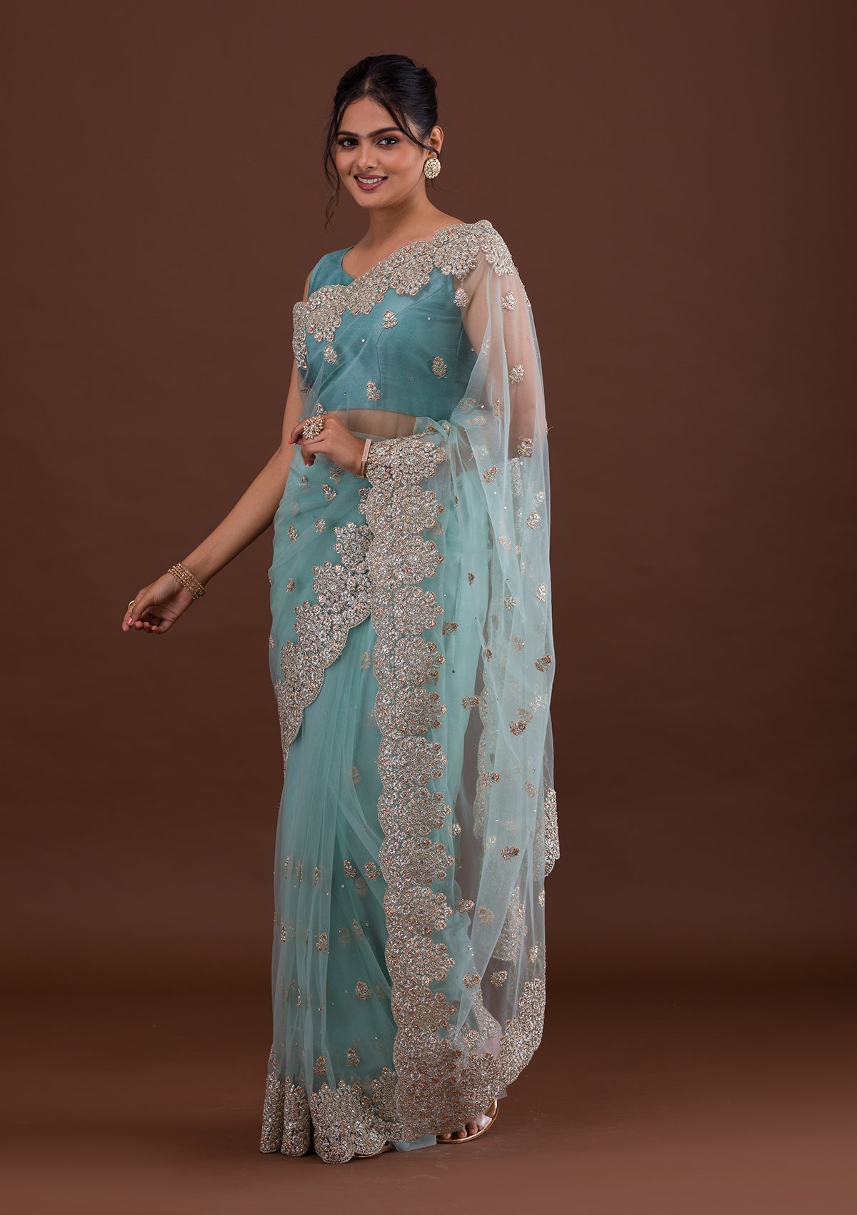 Sea Green Threadwork Net Saree-Koskii