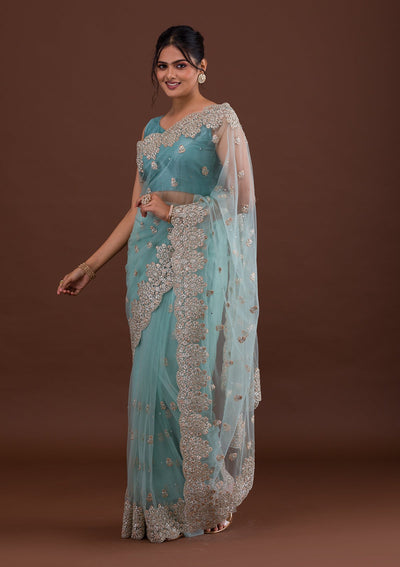 Sea Green Threadwork Net Saree-Koskii
