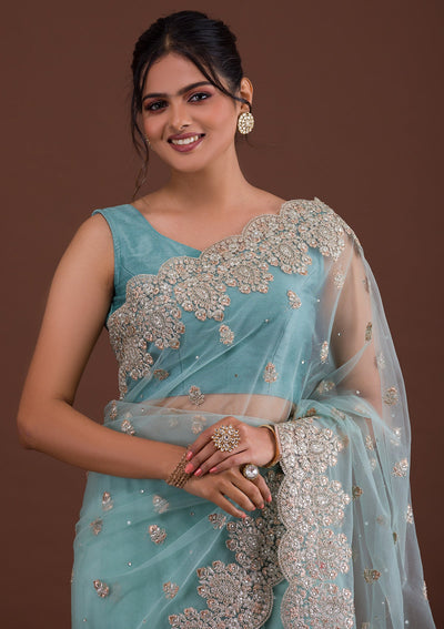 Sea Green Threadwork Net Saree-Koskii