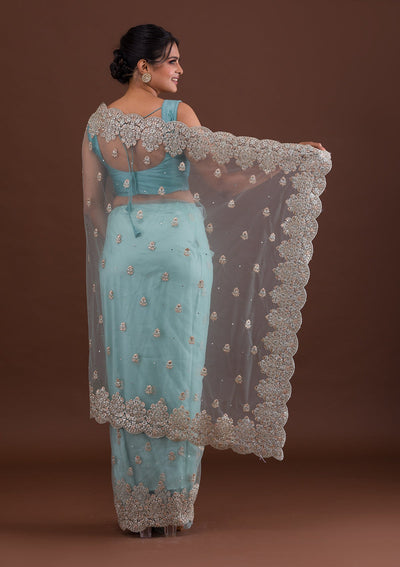 Sea Green Threadwork Net Saree-Koskii