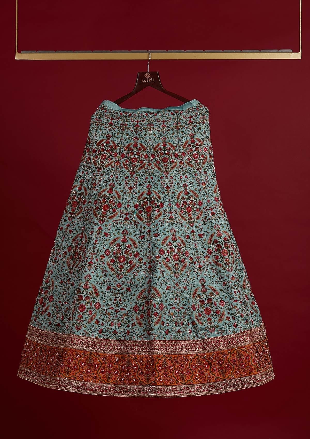 Sea Green Threadwork Raw Silk Designer Semi-Stitched Lehenga - koskii