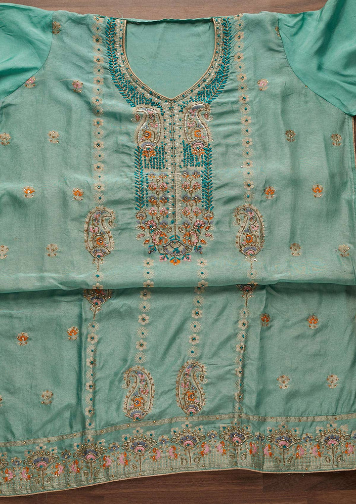 Sea Green Threadwork Semi Crepe Semi-Stitched Salwar Suit - Koskii