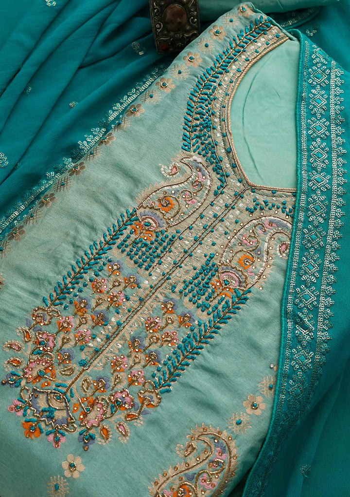 Sea Green Threadwork Semi Crepe Semi-Stitched Salwar Suit - Koskii