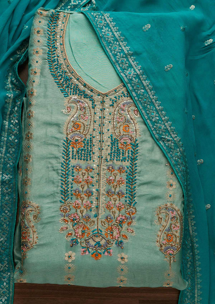 Sea Green Threadwork Semi Crepe Semi-Stitched Salwar Suit - Koskii