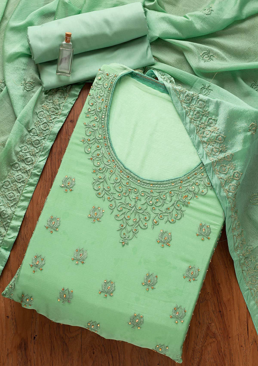Sea Green Threadwork Semi Crepe Designer Unstitched Salwar Suit - koskii