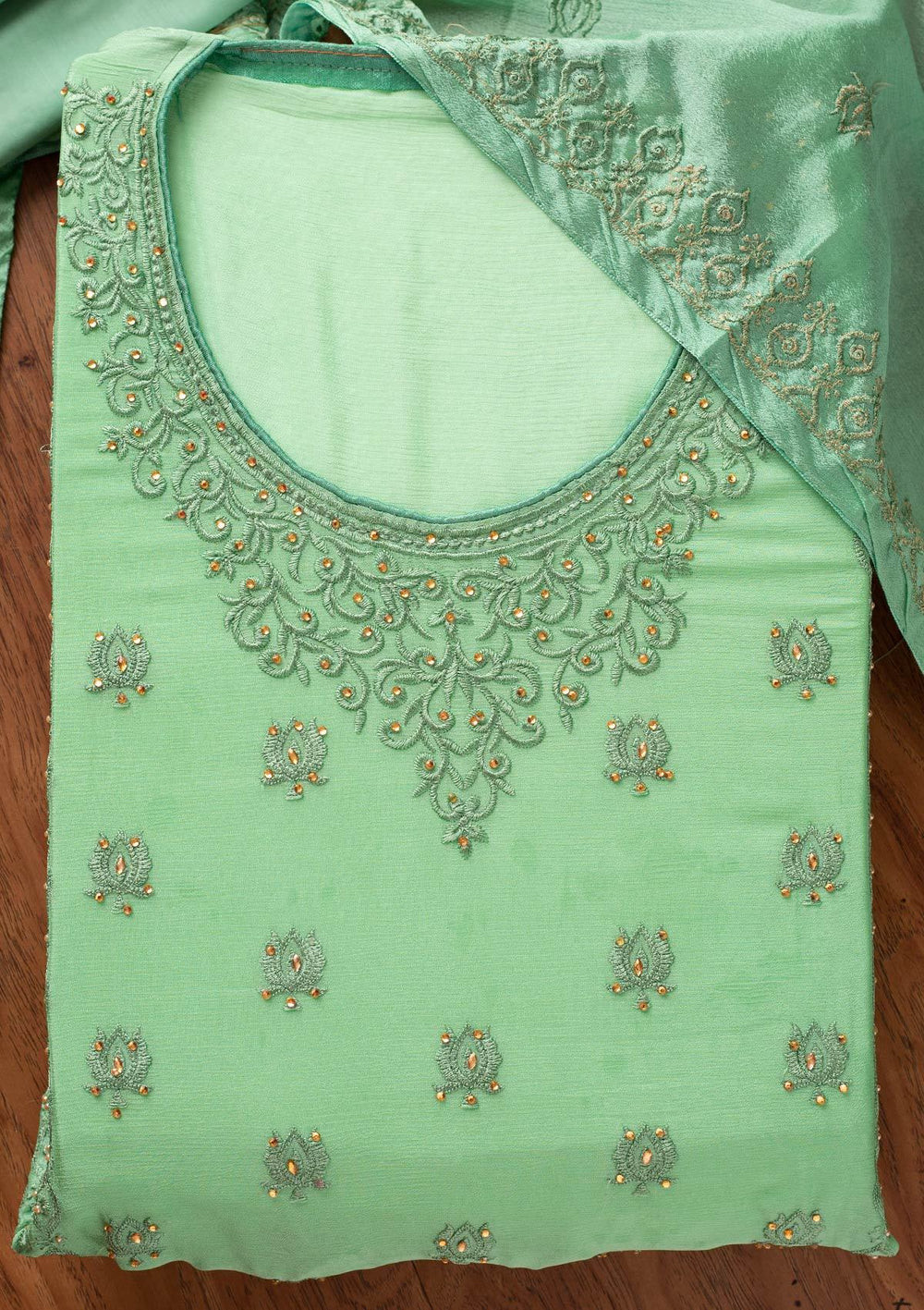 Sea Green Threadwork Semi Crepe Designer Unstitched Salwar Suit - koskii