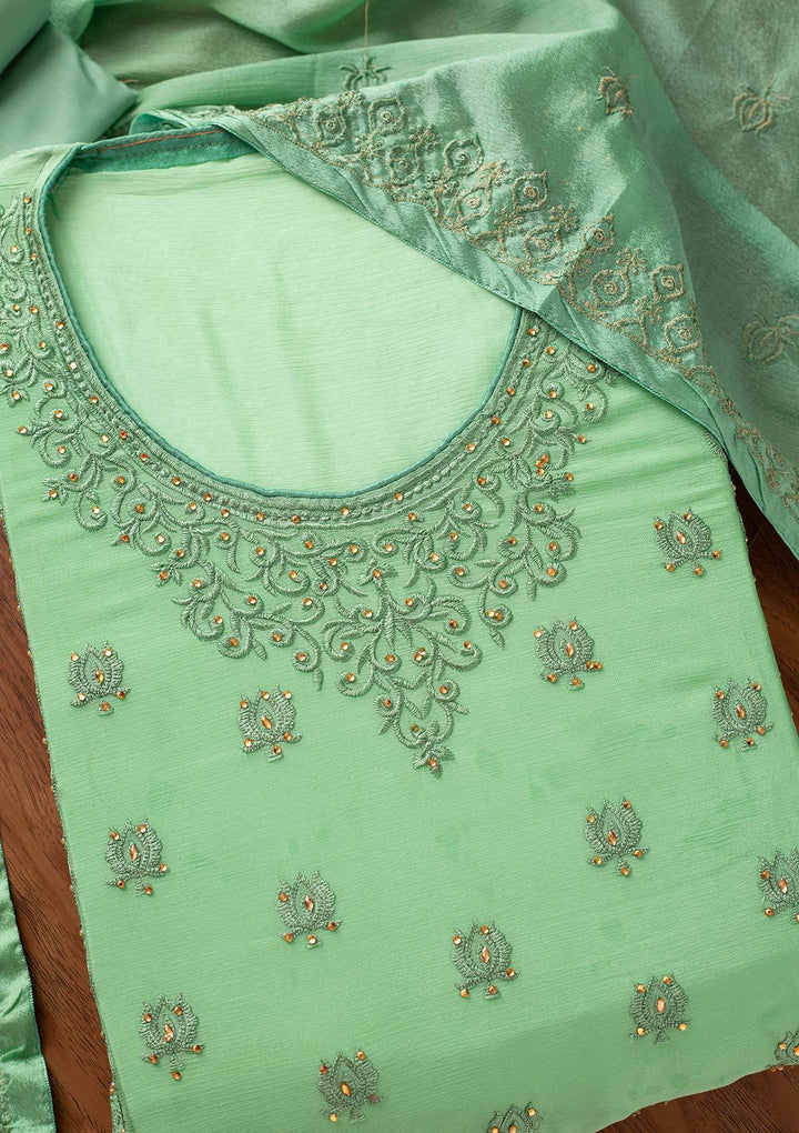 Sea Green Threadwork Semi Crepe Designer Unstitched Salwar Suit - koskii