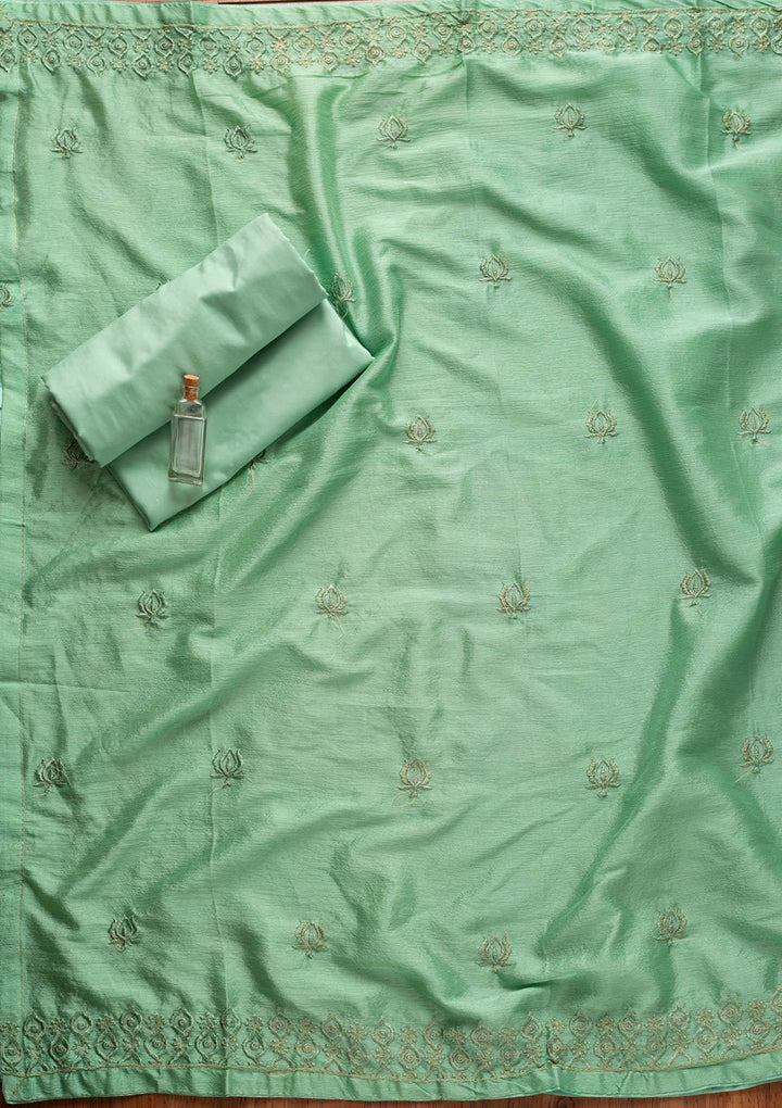 Sea Green Threadwork Semi Crepe Designer Unstitched Salwar Suit - koskii