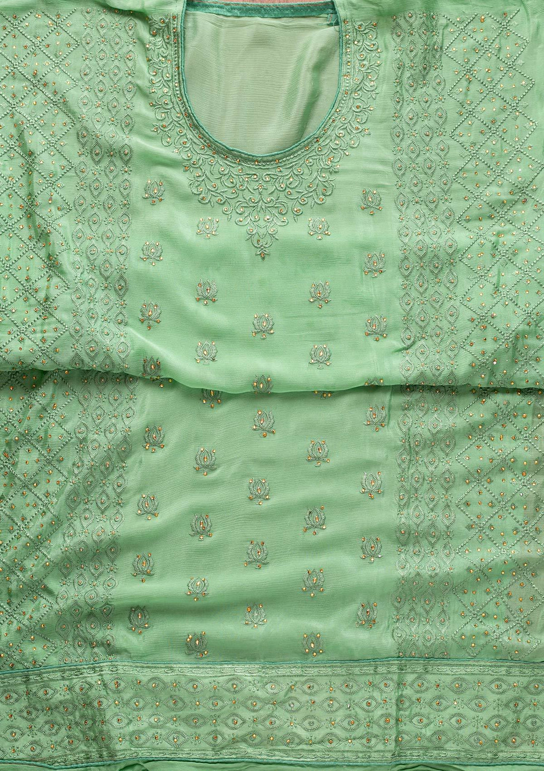 Sea Green Threadwork Semi Crepe Designer Unstitched Salwar Suit - koskii