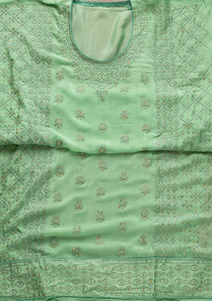 Sea Green Threadwork Semi Crepe Designer Unstitched Salwar Suit - koskii