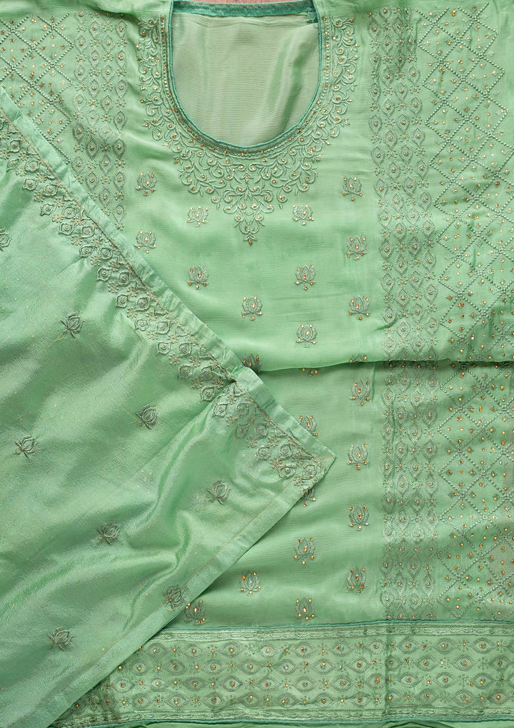 Sea Green Threadwork Semi Crepe Designer Unstitched Salwar Suit - koskii