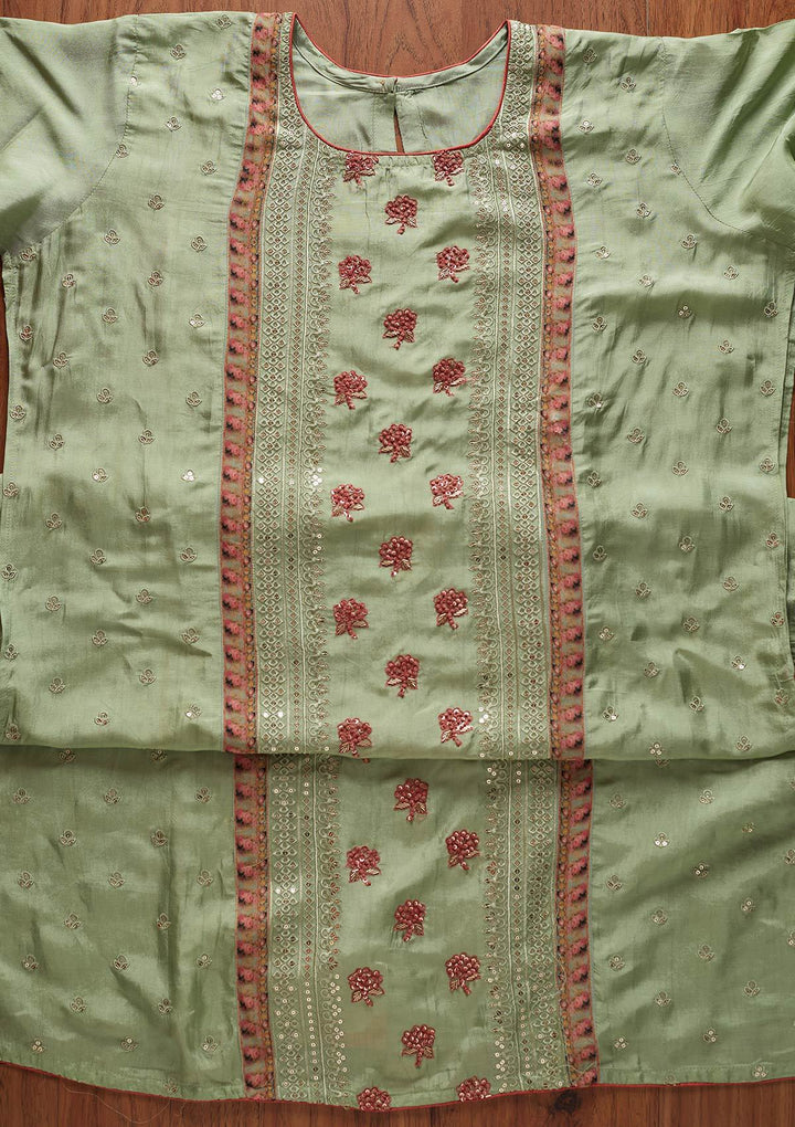 Sea Green Threadwork Semi Crepe Designer Semi-Stitched Salwar Suit - koskii