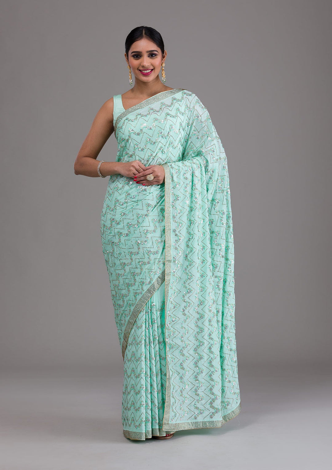 Sea Green Threadwork Semi Crepe Saree-Koskii