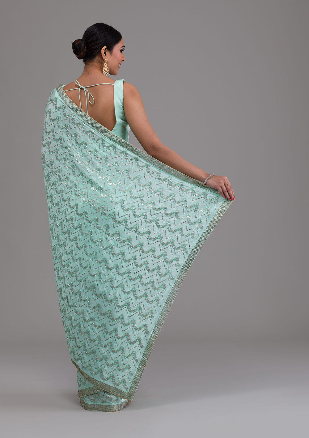 Sea Green Threadwork Semi Crepe Saree-Koskii