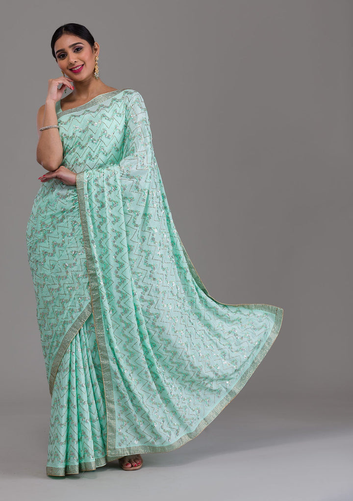Sea Green Threadwork Semi Crepe Saree-Koskii